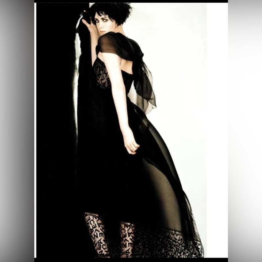 CHANEL FW/1998 RUNWAY VINTAGE CC LOGO SHEER LACE SILK EVENING GOWN